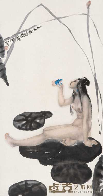 袁生中 1989年作 仙女戏蟾 镜片 172×91cm